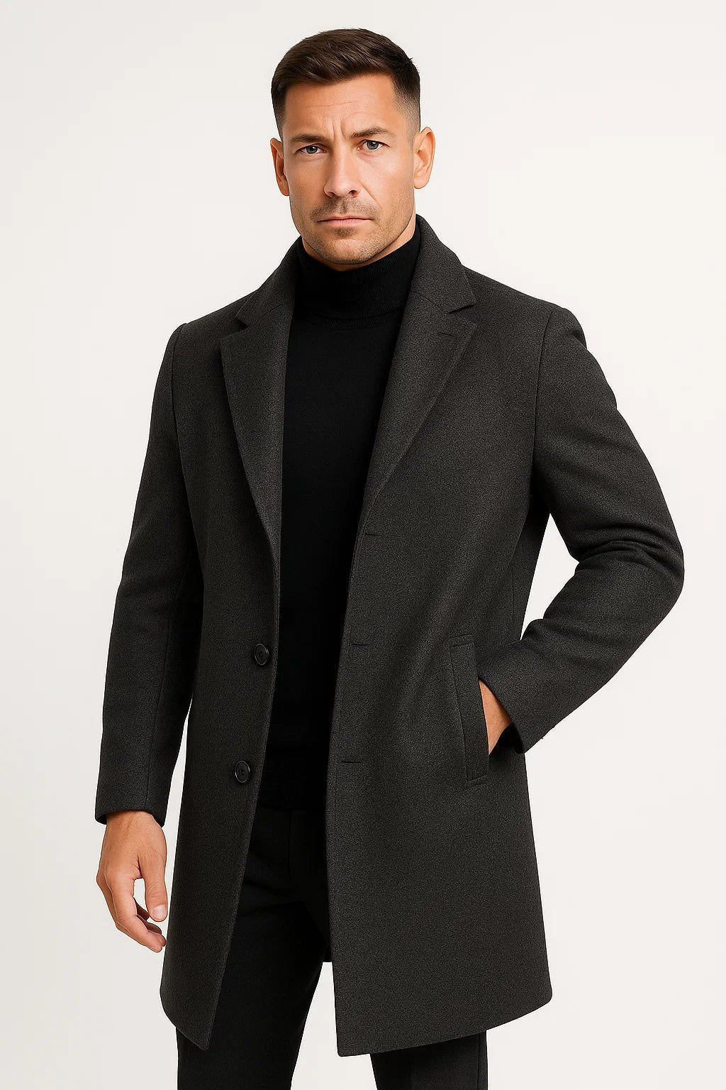 Men's long trench coat with notched lapels, button front and welt pockets