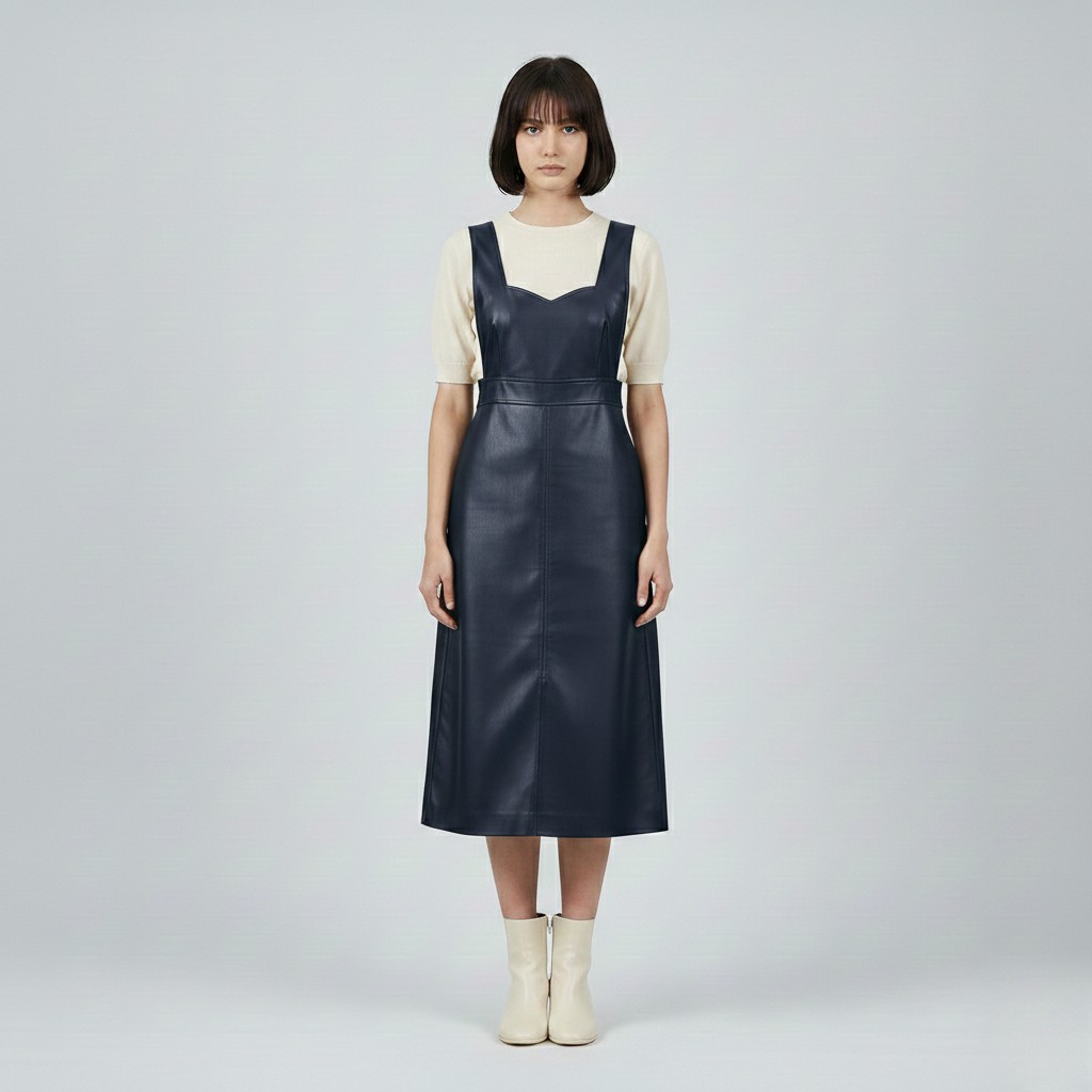 Women's Faux-Leather Pinafore Midi Dress