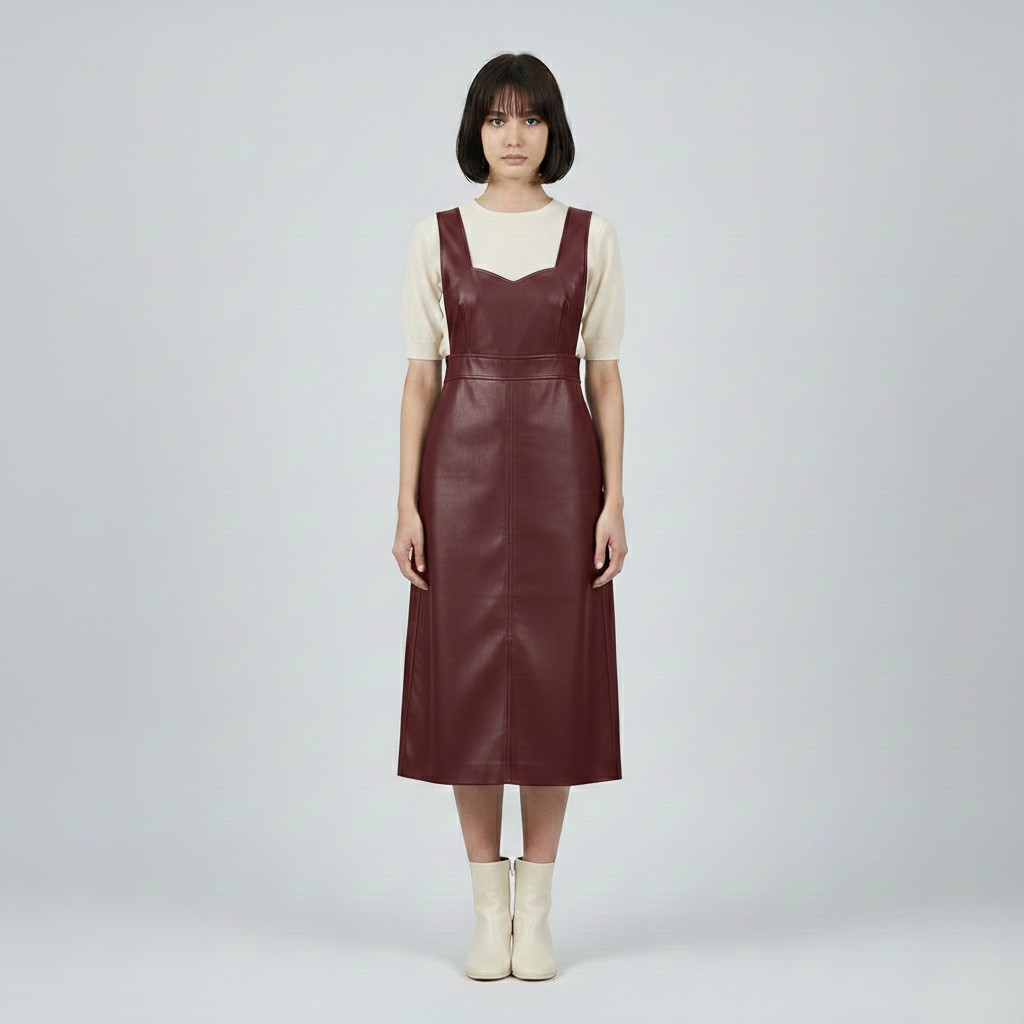 Women's Faux-Leather Pinafore Midi Dress