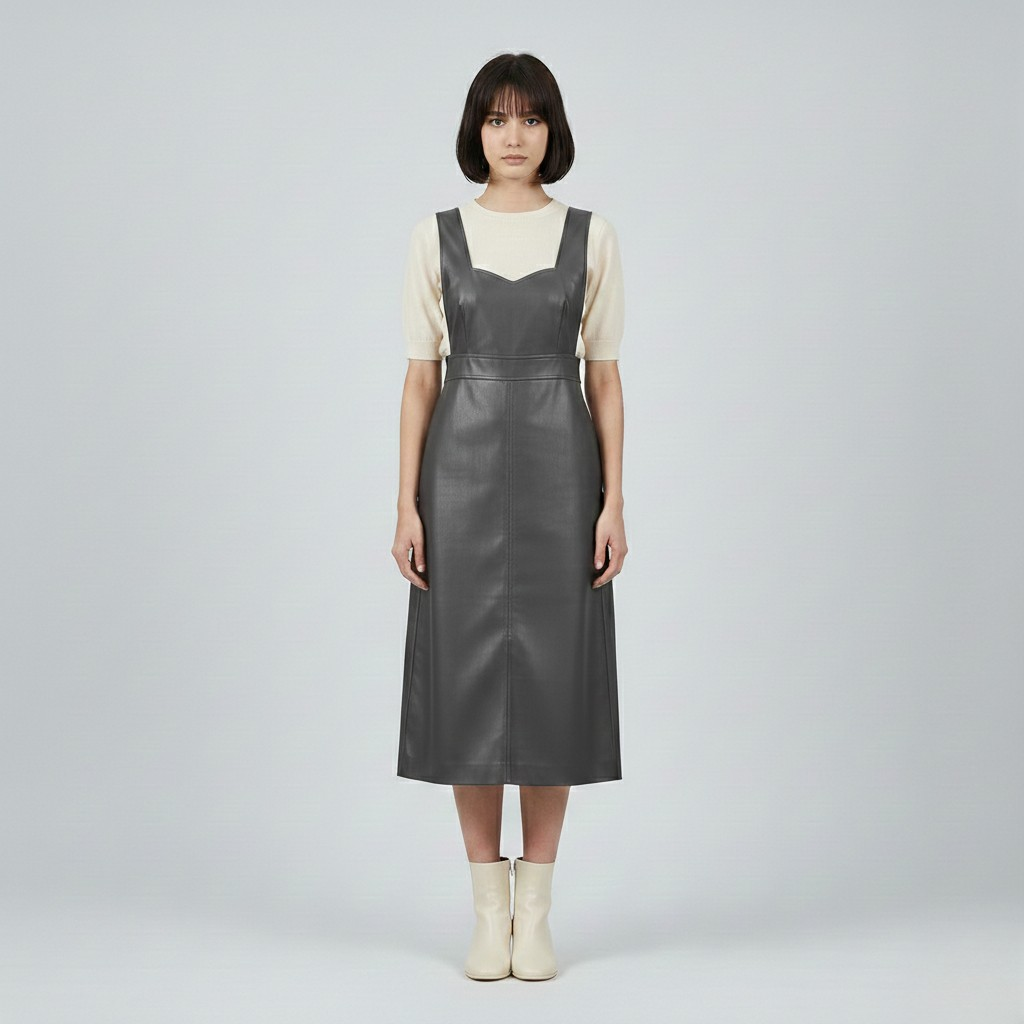 Women's Faux-Leather Pinafore Midi Dress