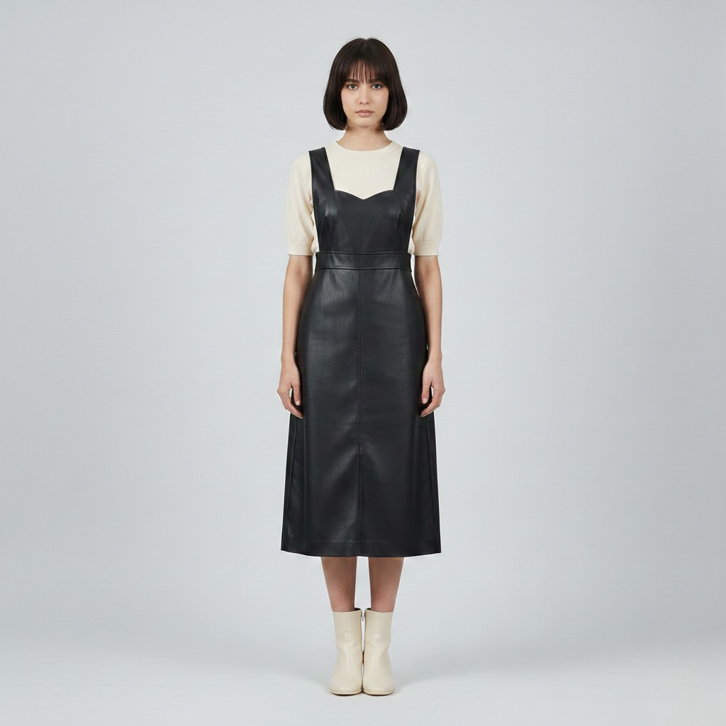 Women's Faux-Leather Pinafore Midi Dress