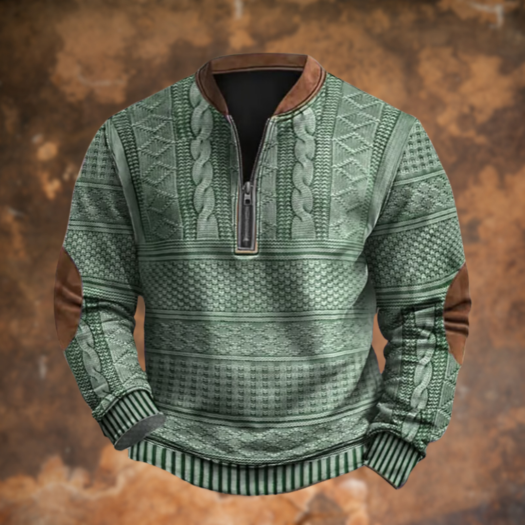 Men's textured knit quarter-zip sweater with stand collar and long sleeves