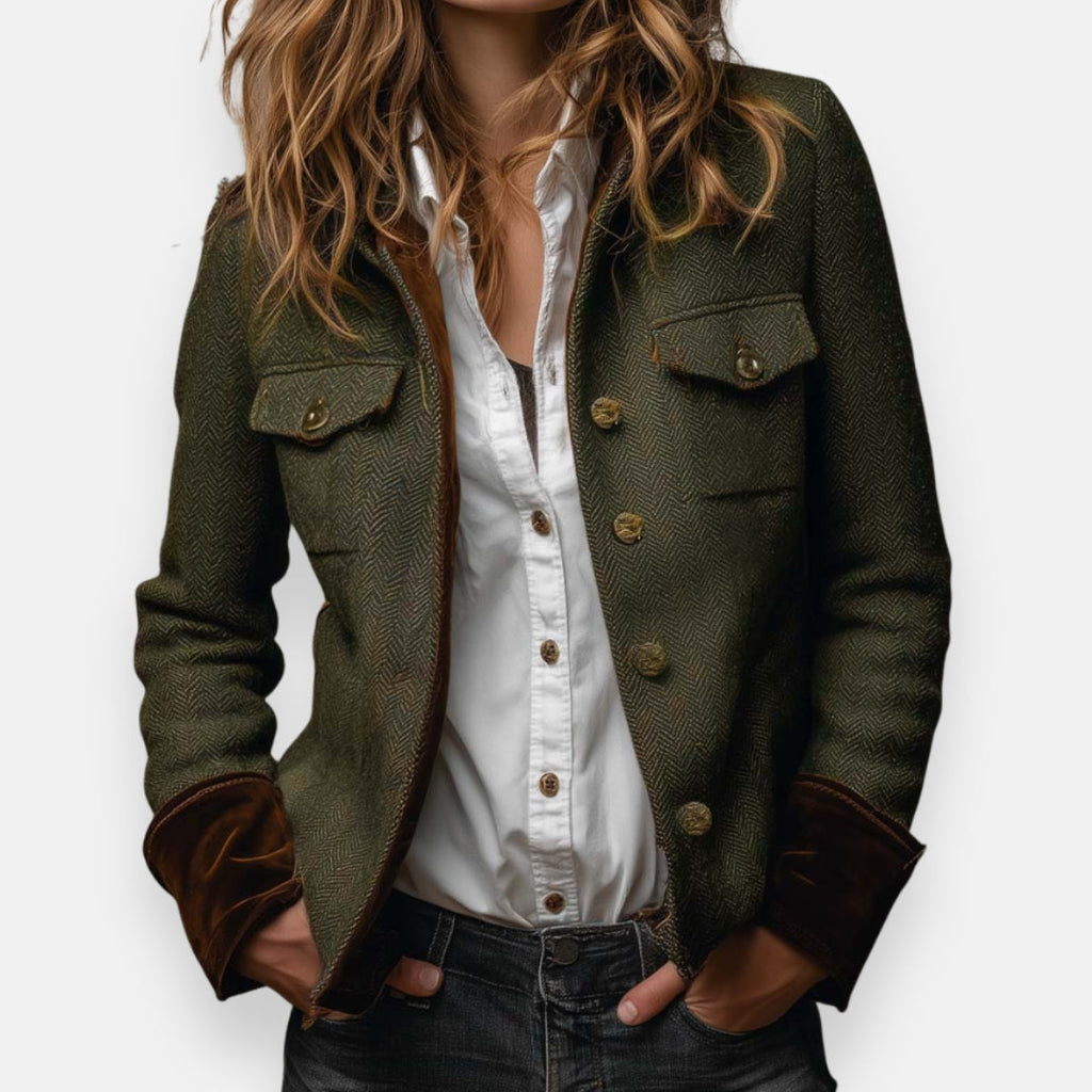 Women’s Herringbone Tailored Jacket with Velvet-Touch Trim