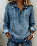 Women's collared half-button sweatshirt with long sleeves and textured geometric panel detailing