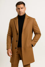 Men's long trench coat with notched lapels, button front and welt pockets