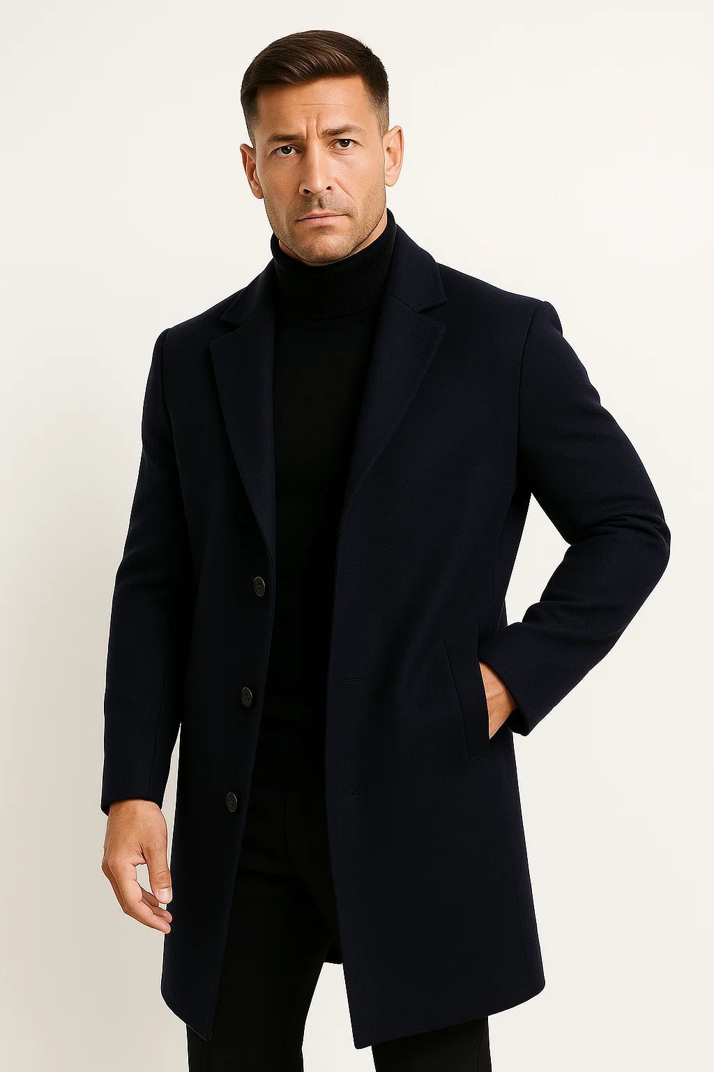 Men's long trench coat with notched lapels, button front and welt pockets