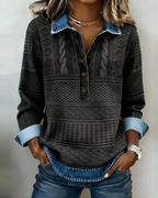 Women's collared half-button sweatshirt with long sleeves and textured geometric panel detailing