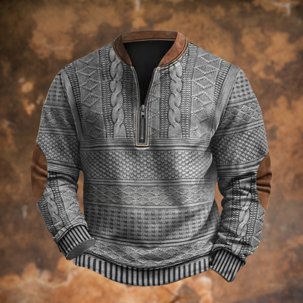 Men's textured knit quarter-zip sweater with stand collar and long sleeves
