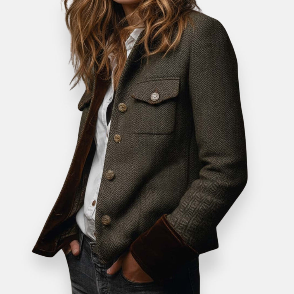 Women’s Herringbone Tailored Jacket with Velvet-Touch Trim