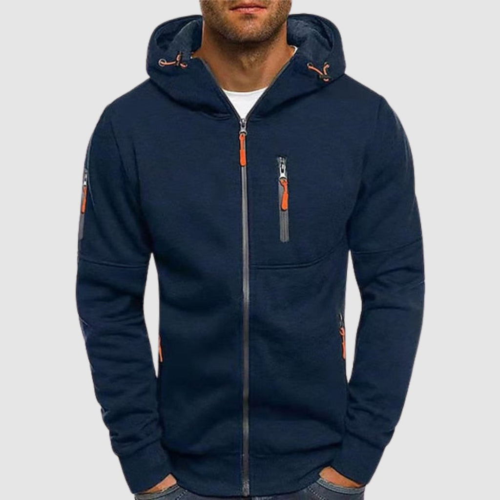 Men's hooded zip hoodie with long sleeves, multiple zipped pockets and drawcord hood