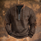 Men's textured knit quarter-zip sweater with stand collar and long sleeves