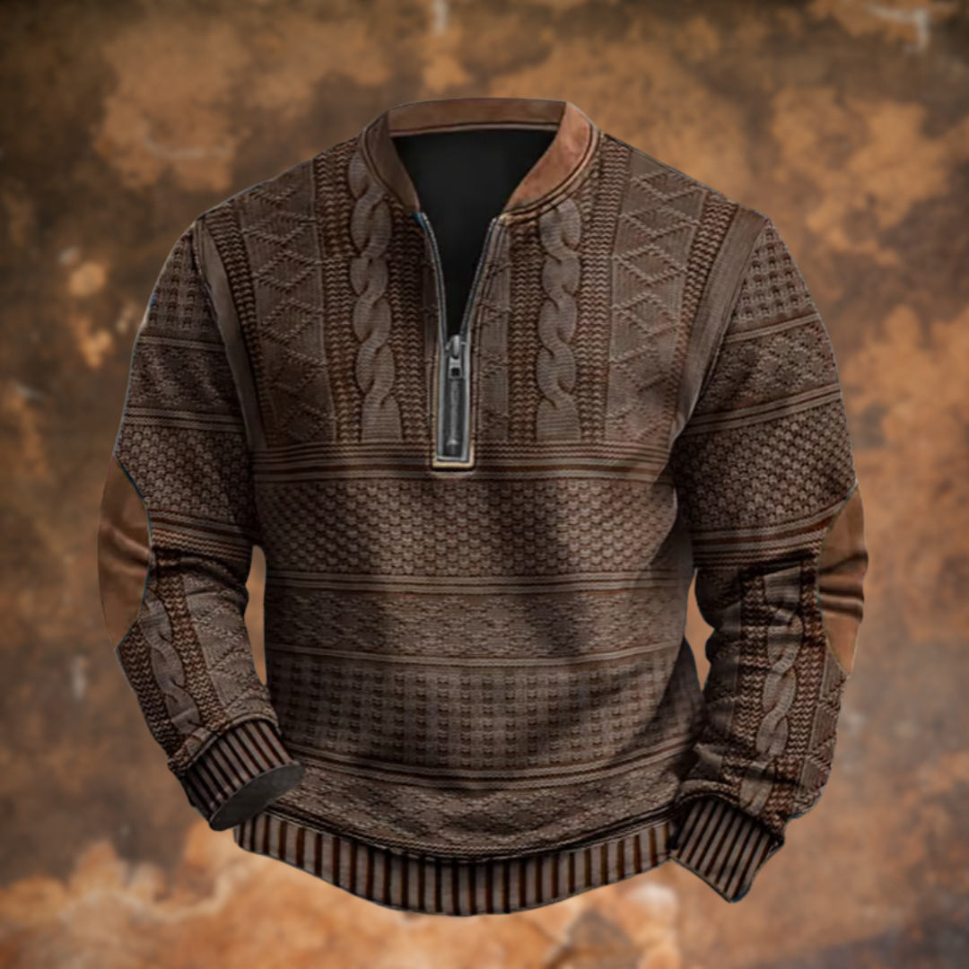 Men's textured knit quarter-zip sweater with stand collar and long sleeves