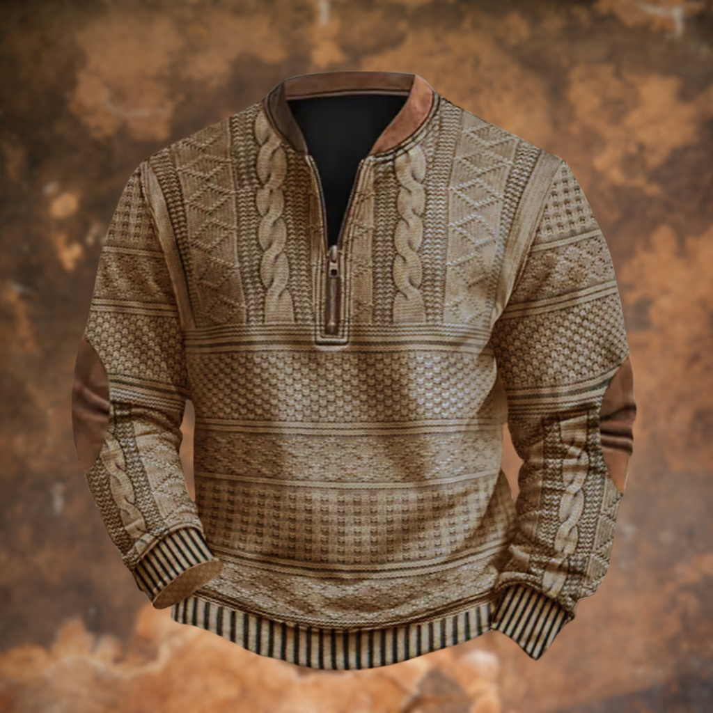 Men's textured knit quarter-zip sweater with stand collar and long sleeves