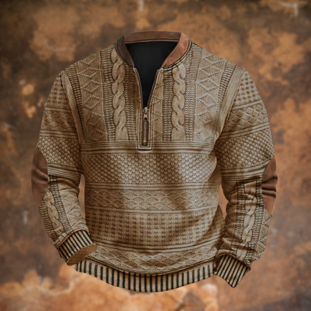 Men's textured knit quarter-zip sweater with stand collar and long sleeves