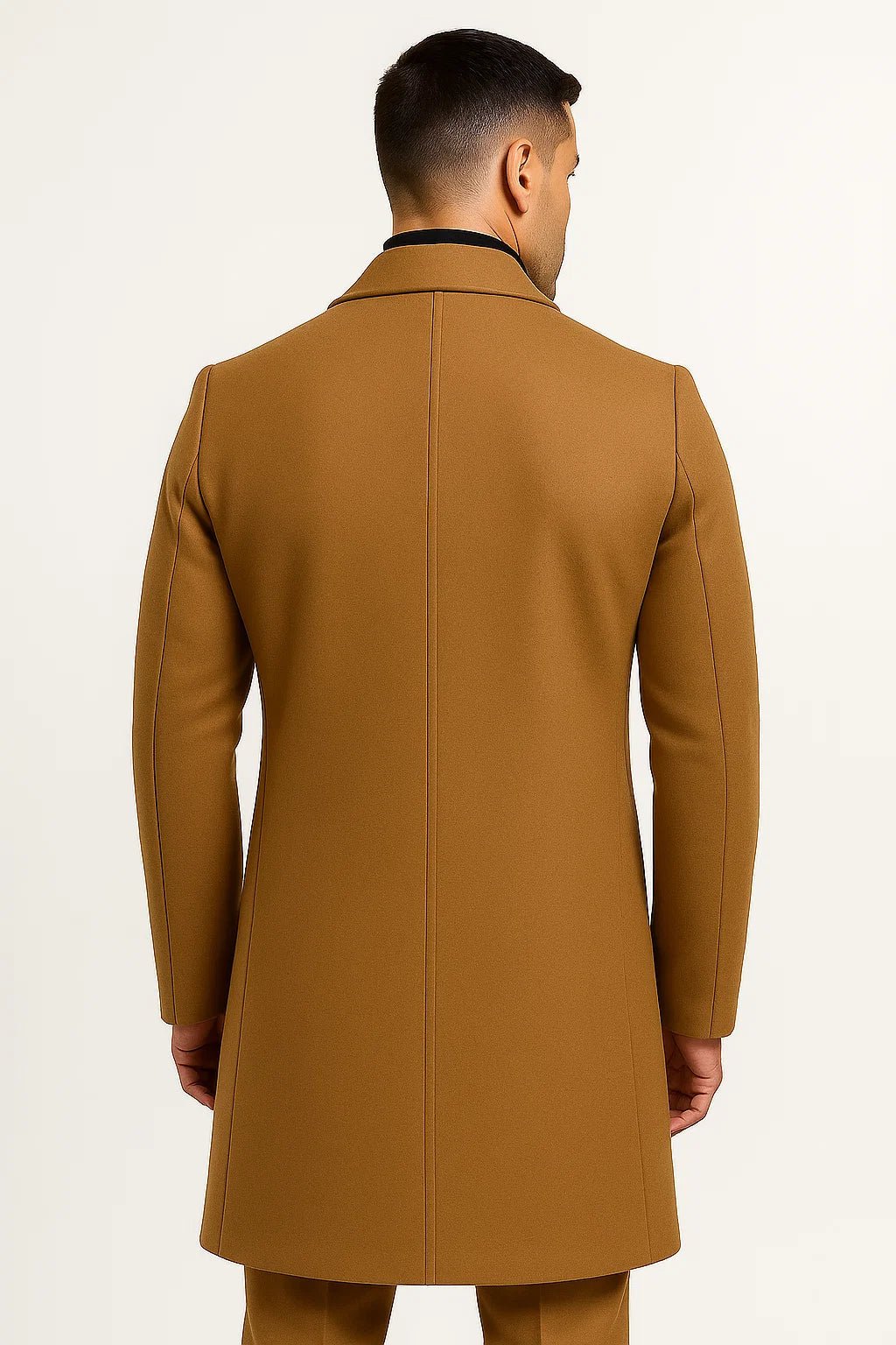 Men's long trench coat with notched lapels, button front and welt pockets