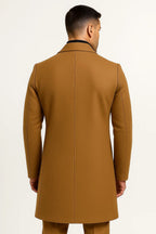 Men's long trench coat with notched lapels, button front and welt pockets