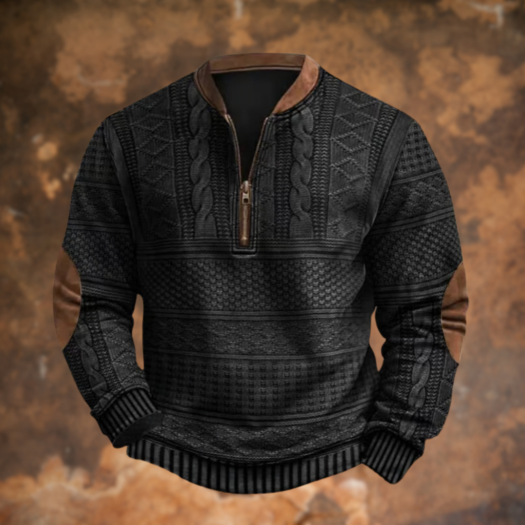 Men's textured knit quarter-zip sweater with stand collar and long sleeves