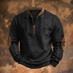 Men's textured knit quarter-zip sweater with stand collar and long sleeves
