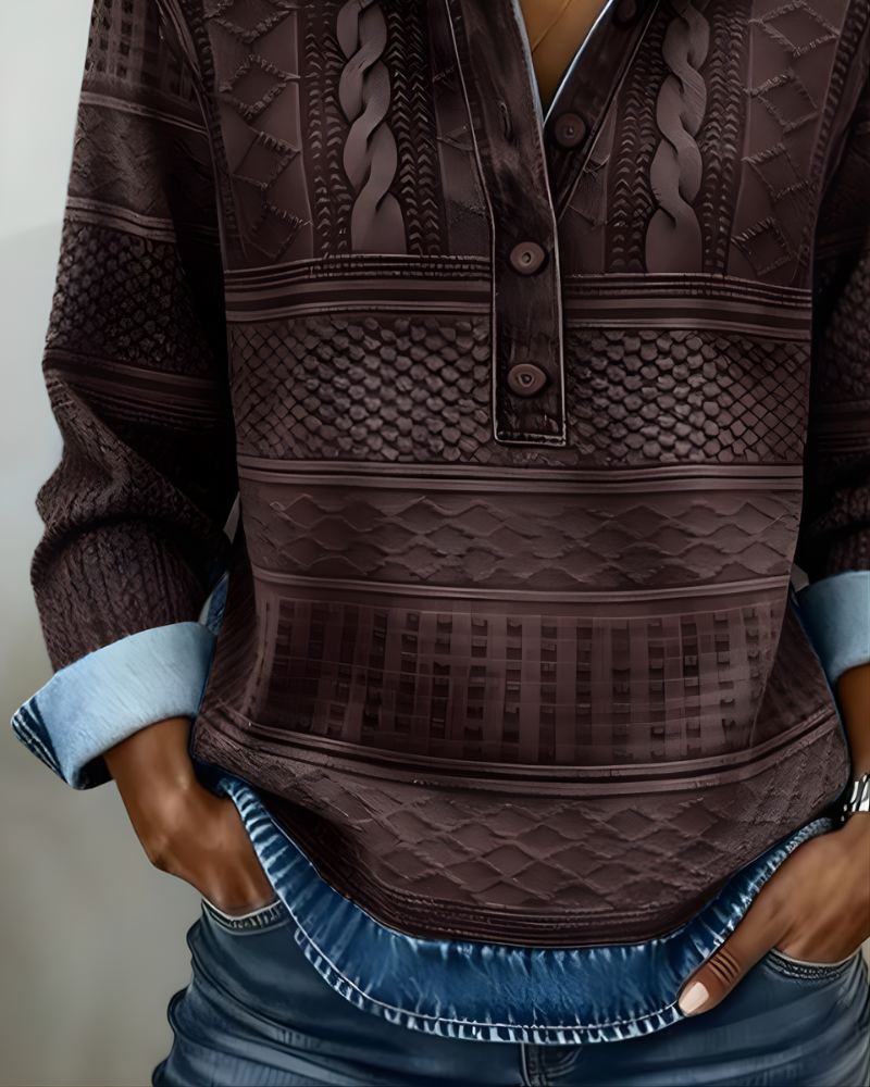 Women's collared half-button sweatshirt with long sleeves and textured geometric panel detailing