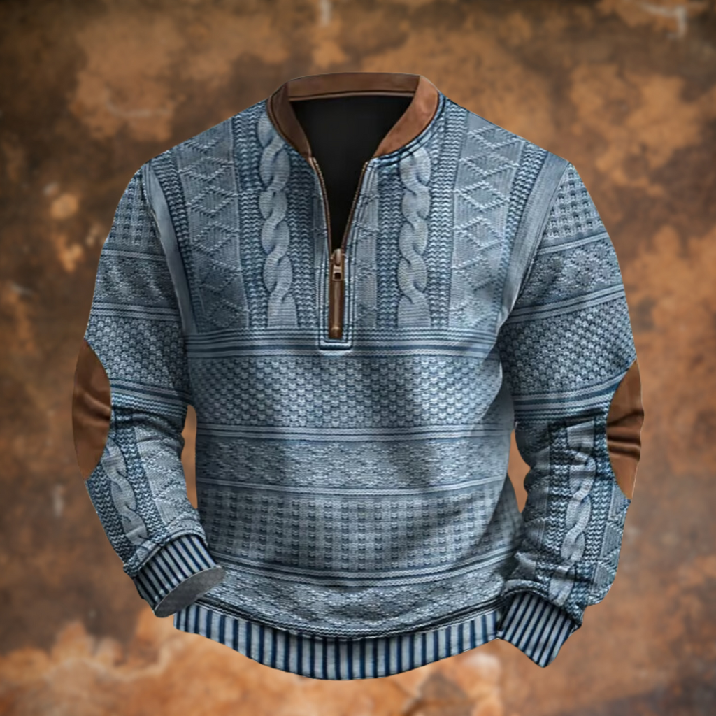 Men's textured knit quarter-zip sweater with stand collar and long sleeves