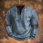 Men's textured knit quarter-zip sweater with stand collar and long sleeves