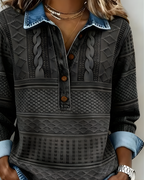 Women's collared half-button sweatshirt with long sleeves and textured geometric panel detailing