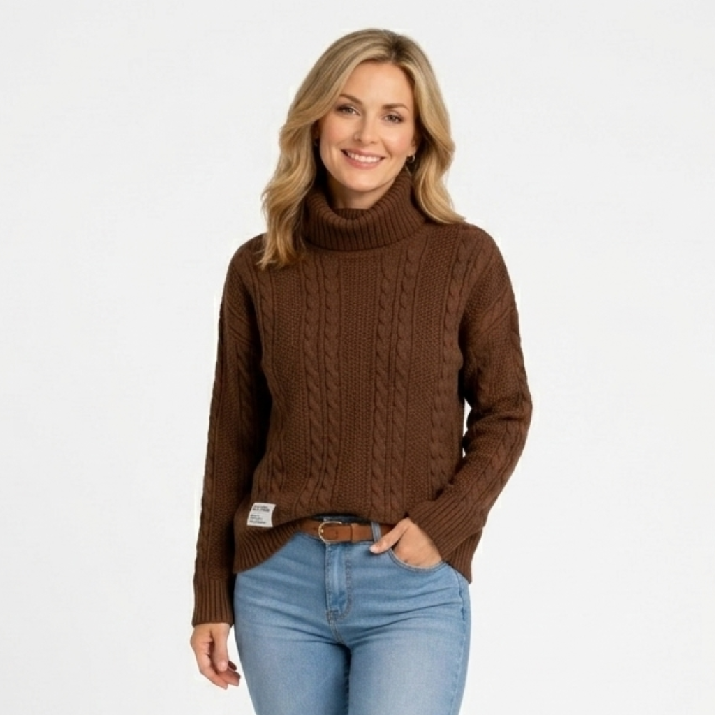 Women’s Cable Knit Roll Neck Jumper – Chunky Long Sleeve Turtleneck Sweater