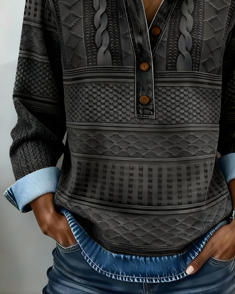 Women's collared half-button sweatshirt with long sleeves and textured geometric panel detailing