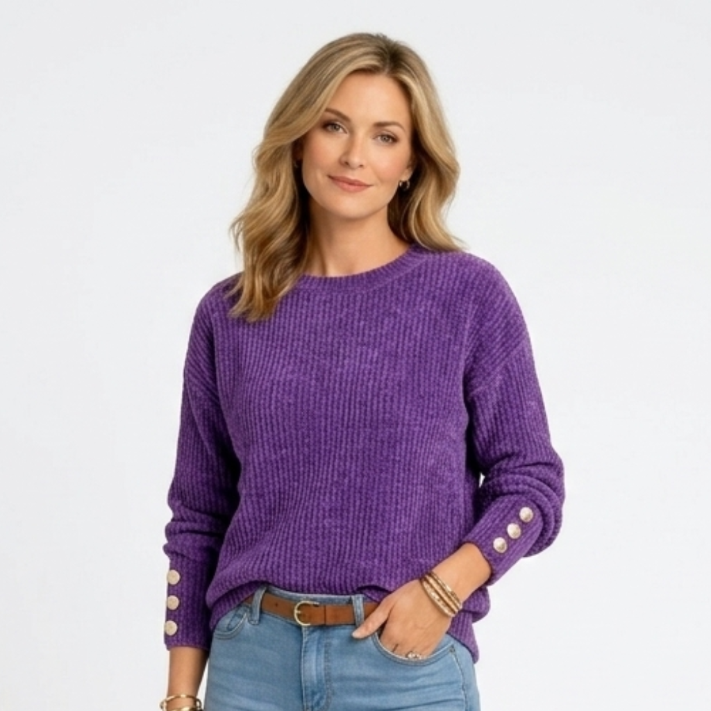 Women’s Ribbed Knit Jumper with Button Cuffs – Oversized Long Sleeve Sweater
