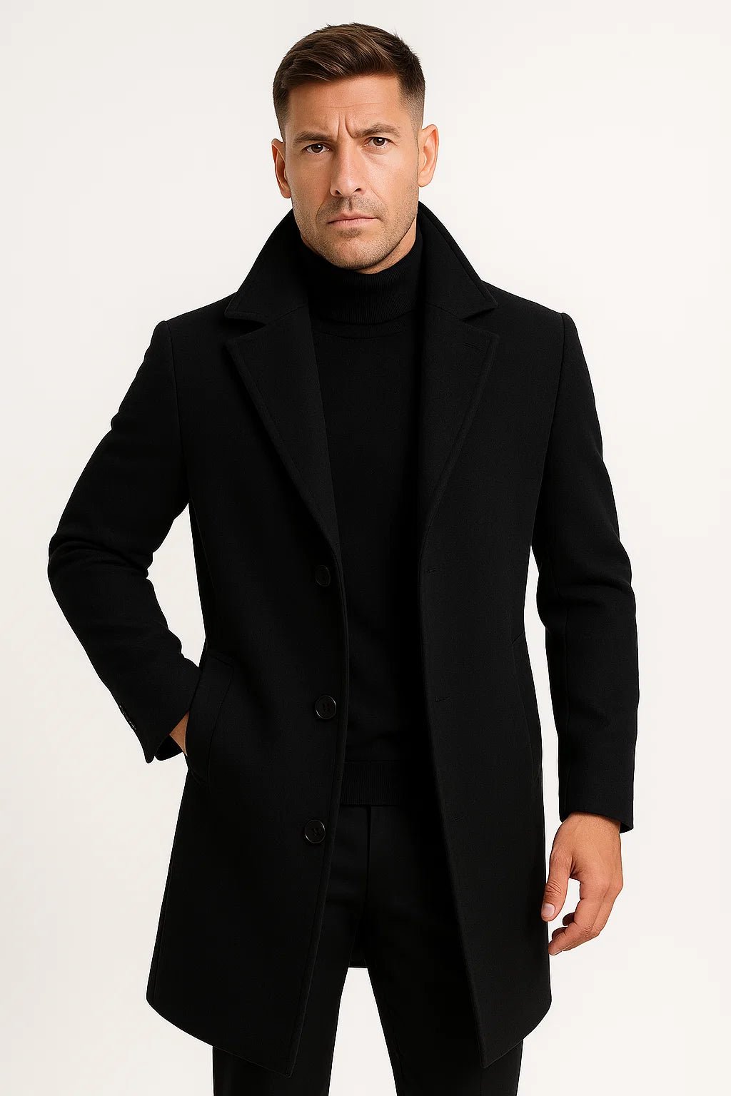 Men's long trench coat with notched lapels, button front and welt pockets