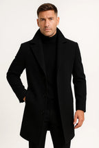 Men's long trench coat with notched lapels, button front and welt pockets