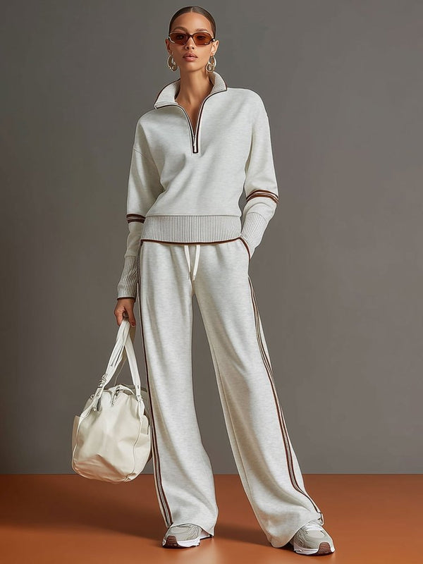 Women's Knit Half-Zip Lounge Set with Wide-Leg Trousers