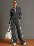 Women's Knit Half-Zip Lounge Set with Wide-Leg Trousers