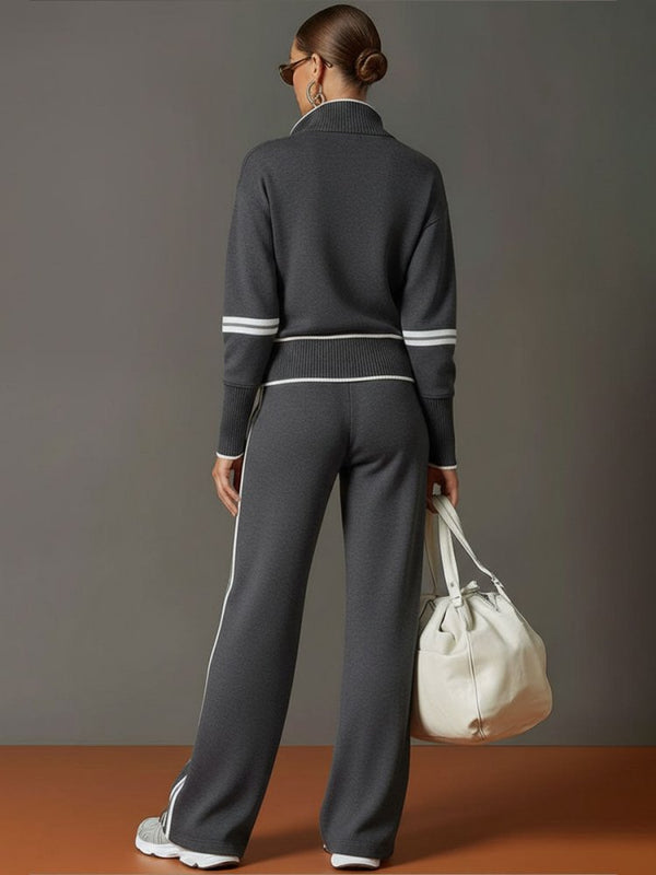 Women's Knit Half-Zip Lounge Set with Wide-Leg Trousers