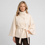 Women’s Belted High Neck Jacket – Button Front Short Coat