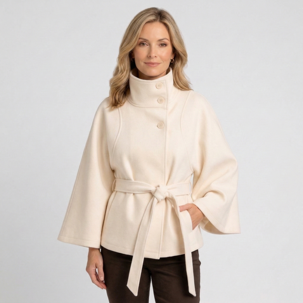 Women’s Belted High Neck Jacket – Button Front Short Coat