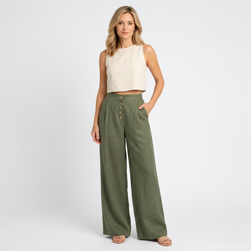 Women’s High Waisted Palazzo Trousers – Wide Leg Button Front Pants