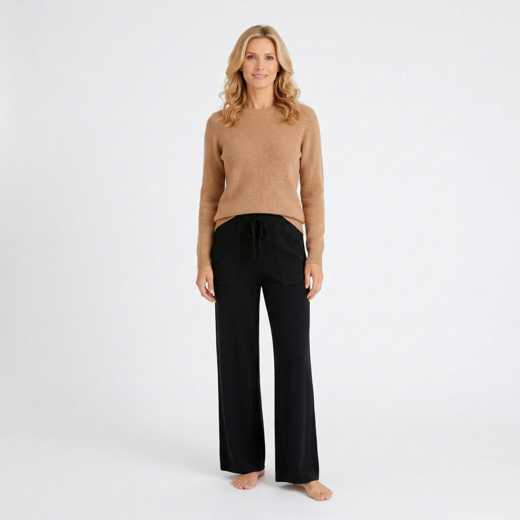 Women’s Ribbed Knit Wide Leg Trousers – High Waist Lounge Pants