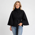 Women’s Belted High Neck Jacket – Button Front Short Coat