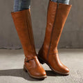 Women's tall plain knee boots with ankle buckle straps, side zips and low block heels