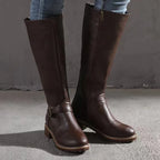 Women's tall plain knee boots with ankle buckle straps, side zips and low block heels
