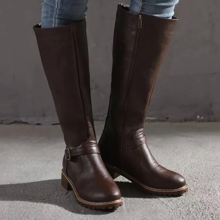 Women's tall plain knee boots with ankle buckle straps, side zips and low block heels