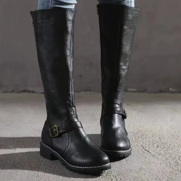 Women's tall plain knee boots with ankle buckle straps, side zips and low block heels
