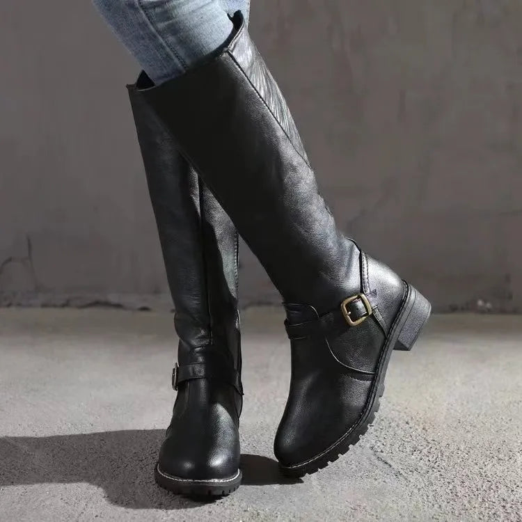Women's tall plain knee boots with ankle buckle straps, side zips and low block heels
