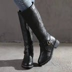 Women's tall plain knee boots with ankle buckle straps, side zips and low block heels