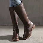 Women's tall plain knee boots with ankle buckle straps, side zips and low block heels