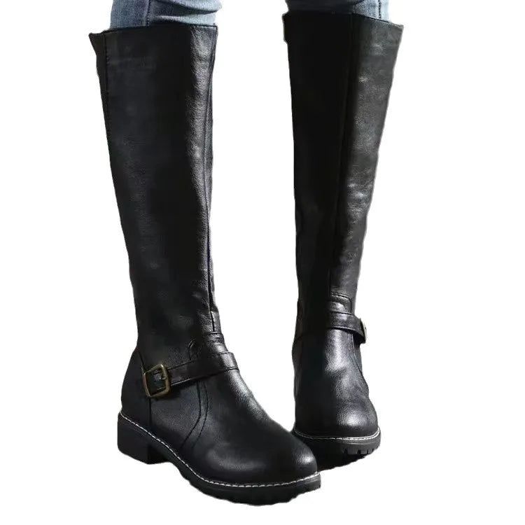Women's tall plain knee boots with ankle buckle straps, side zips and low block heels