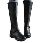 Women's tall plain knee boots with ankle buckle straps, side zips and low block heels