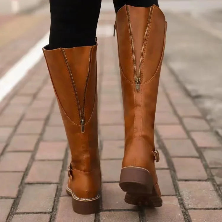 Women's tall plain knee boots with ankle buckle straps, side zips and low block heels