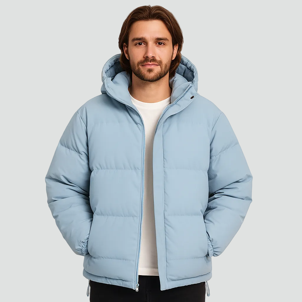 Men's hooded quilted puffer jacket with zip fastening and long sleeves